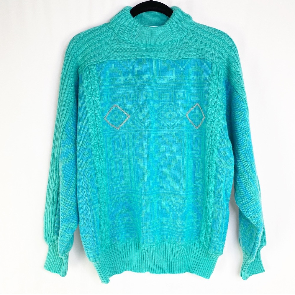 Vintage Ozone Teal Green Aztec High Neck Sweater